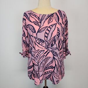 Fresh Produce Tropical Print Top Size XL Pink Catalina Tie Sleeve Cotton Beach